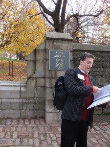 Fort Greene Park sign in the background, here Greg was telling us about the history of some of the addresses Whitman lived at. 